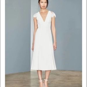 Amsale LW142 Ivory Lace Cap Sleeve V-Neck Crepe Bridal Midi Dress Size 12 NWT